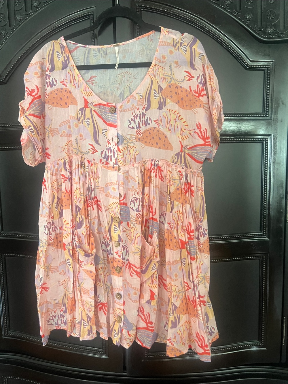 Free People  Light Pink Floral Print Short Sleeve Beach Dress